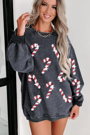 Christmas Treat Sequin Candy Cane Sweatshirt-MXSTUDIO.COM