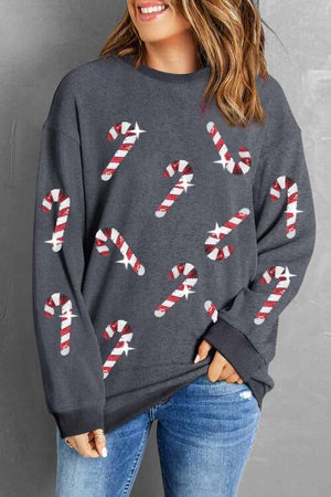 Christmas Treat Sequin Candy Cane Sweatshirt-MXSTUDIO.COM