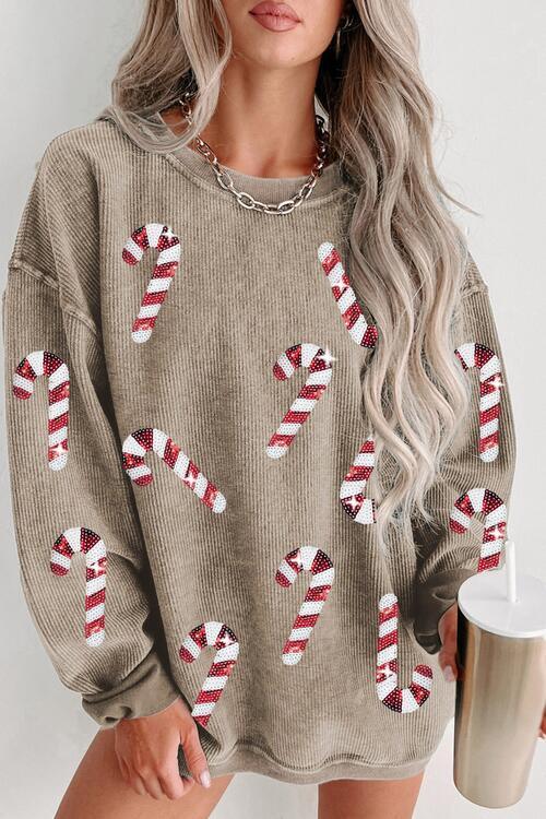 Christmas Treat Sequin Candy Cane Sweatshirt-MXSTUDIO.COM