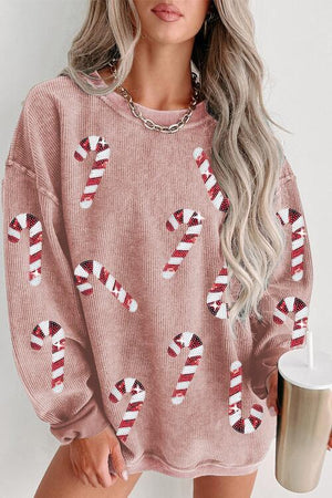 Christmas Treat Sequin Candy Cane Sweatshirt-MXSTUDIO.COM