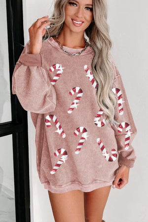 Christmas Treat Sequin Candy Cane Sweatshirt-MXSTUDIO.COM