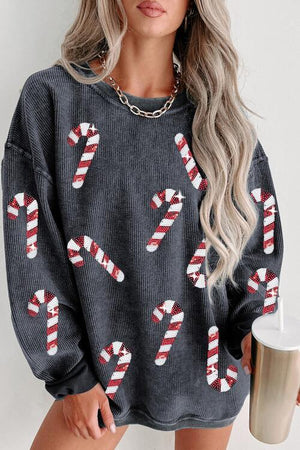 Christmas Treat Sequin Candy Cane Sweatshirt-MXSTUDIO.COM