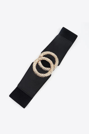 Circle Buckle PU Wide Black Elastic Waist Belt - MXSTUDIO.COM