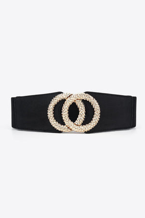 Circle Buckle PU Wide Black Elastic Waist Belt - MXSTUDIO.COM