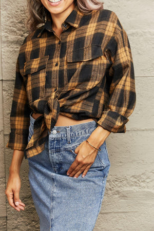 Classic Charm Long Sleeve Collared Plaid Shacket - MXSTUDIO.COM