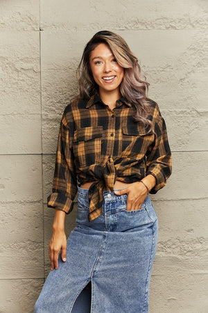 Classic Charm Long Sleeve Collared Plaid Shacket - MXSTUDIO.COM