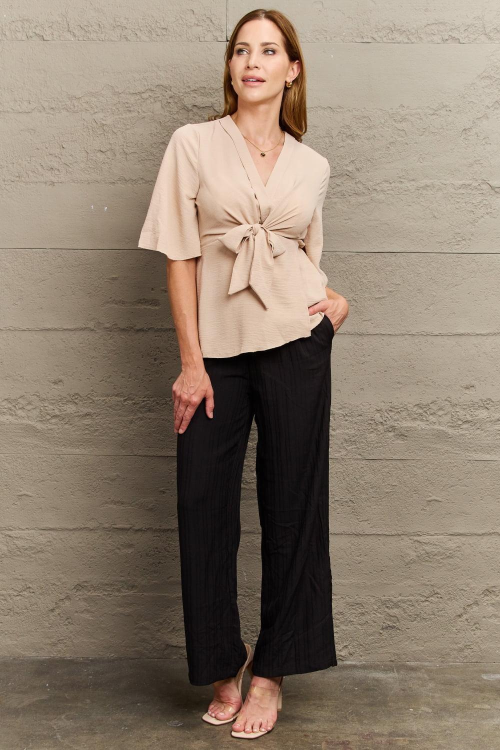 Classic Charm V-Neck Half Sleeve Tie Front Blouse - MXSTUDIO.COM