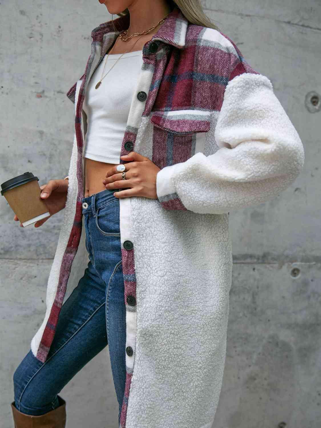 Classic Comfort Buttoned Long Plaid Fleece Coat-MXSTUDIO.COM