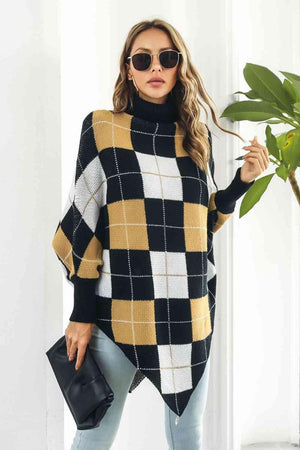 Classic Comfort Turtle Neck Plaid Poncho - MXSTUDIO.COM