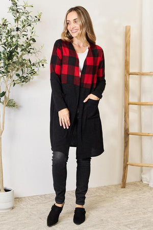 Classic Embrace Open Front Long Plaid Cardigan-MXSTUDIO.COM