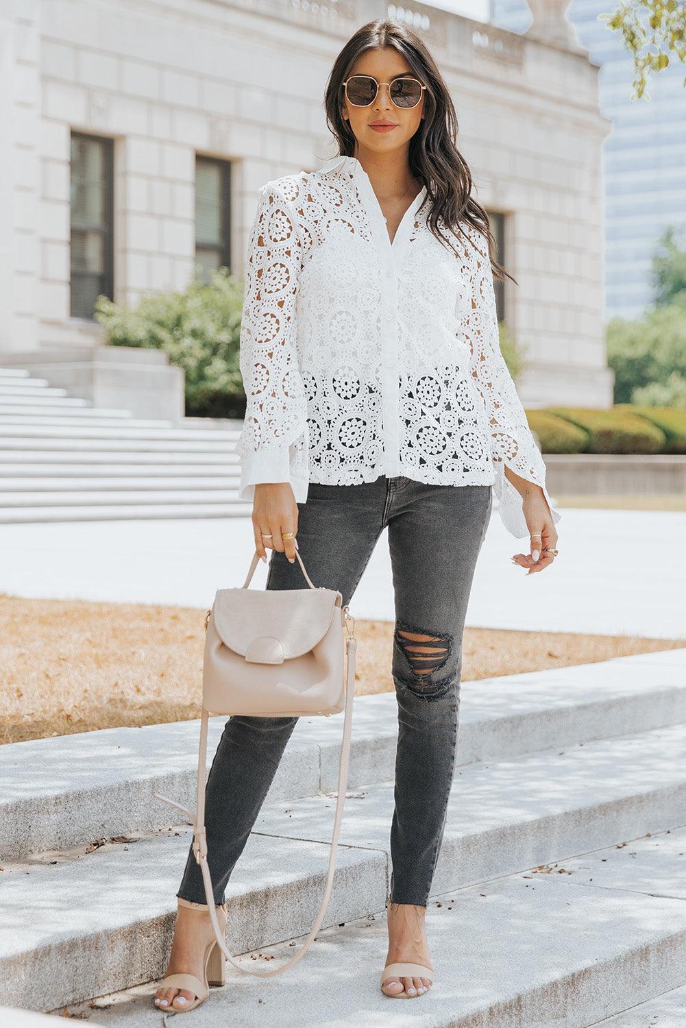 Classic Fresh Long Sleeve White Crochet Blouse - MXSTUDIO.COM