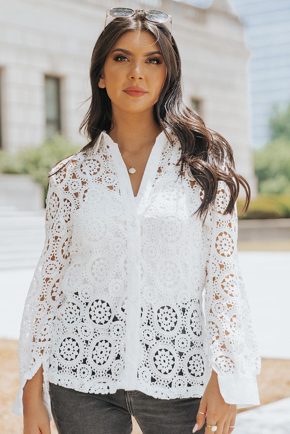 Classic Fresh Long Sleeve White Crochet Blouse - MXSTUDIO.COM