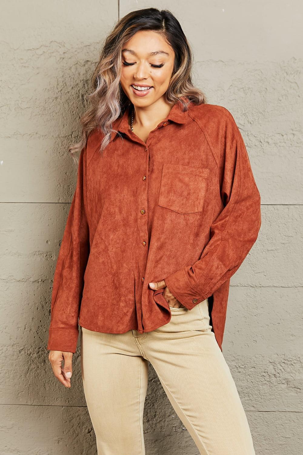 Classic Long Sleeve Suede Button Down Shirt - MXSTUDIO.COM