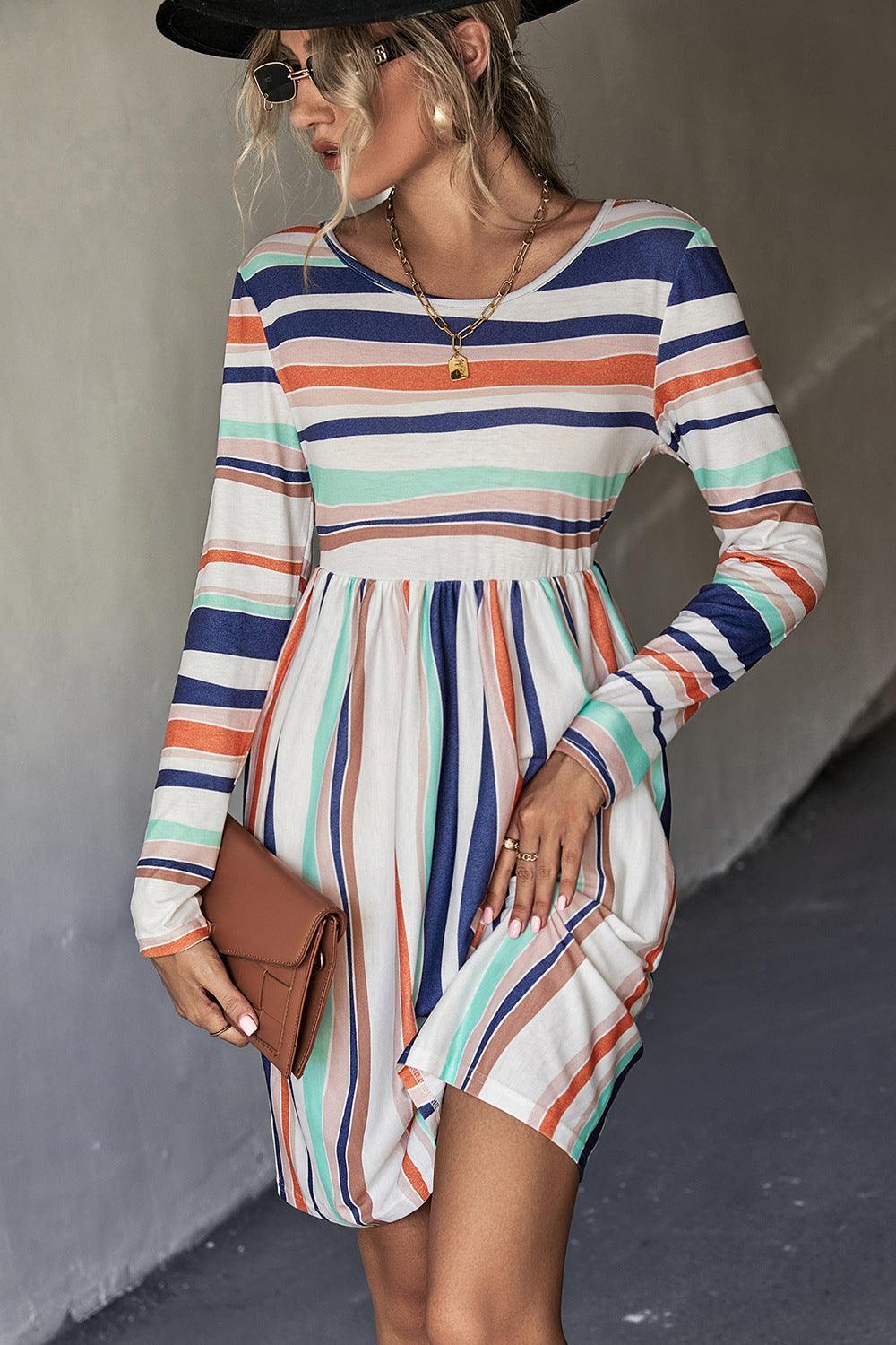 Classic Striped Long Sleeve Tee Dress - MXSTUDIO.COM