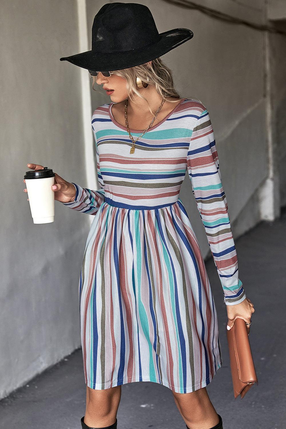 Classic Striped Long Sleeve Tee Dress - MXSTUDIO.COM