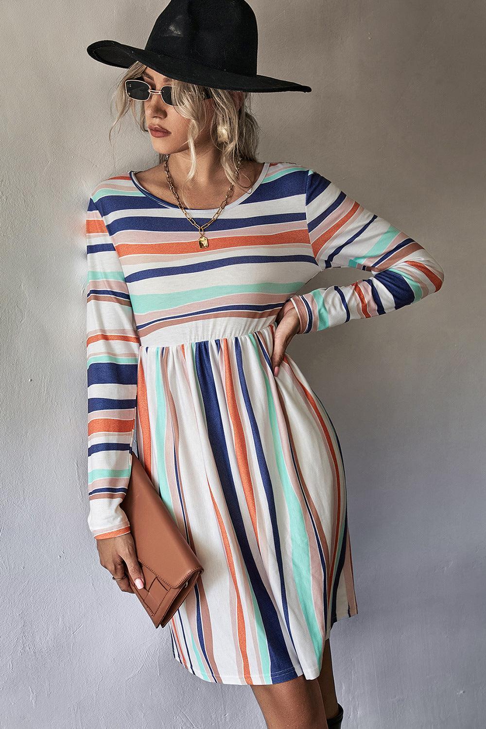 Classic Striped Long Sleeve Tee Dress - MXSTUDIO.COM