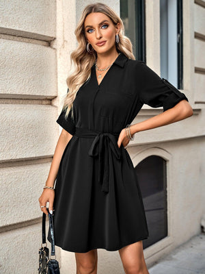 Classic Tie Belt A-Line Collared Mini Dress - MXSTUDIO.COM