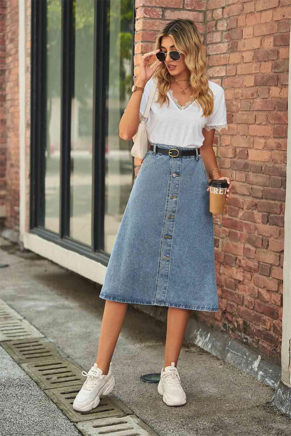 Classic Yet Modern Denim A Line Midi Skirt - MXSTUDIO.COM