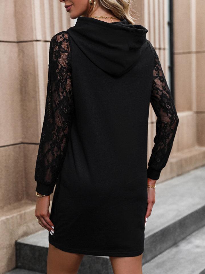 Classy And Secure Lace Long Sleeve Black Hooded Dress - MXSTUDIO.COM