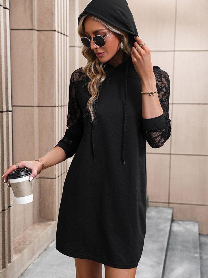 Classy And Secure Lace Long Sleeve Black Hooded Dress - MXSTUDIO.COM