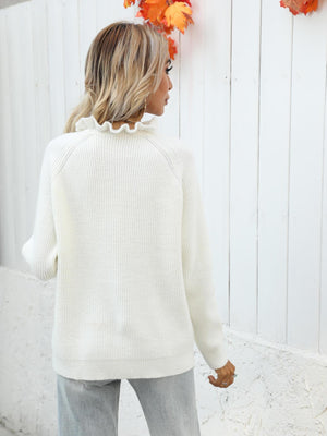 Classy Button Detail Frill Neck Rib Knit Sweater - MXSTUDIO.COM