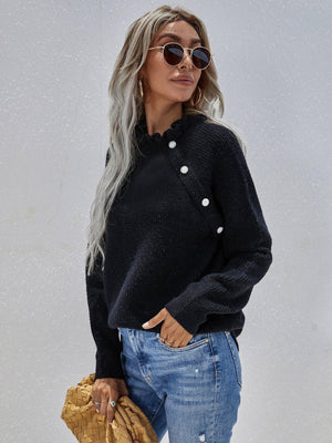 Classy Button Detail Frill Neck Rib Knit Sweater - MXSTUDIO.COM