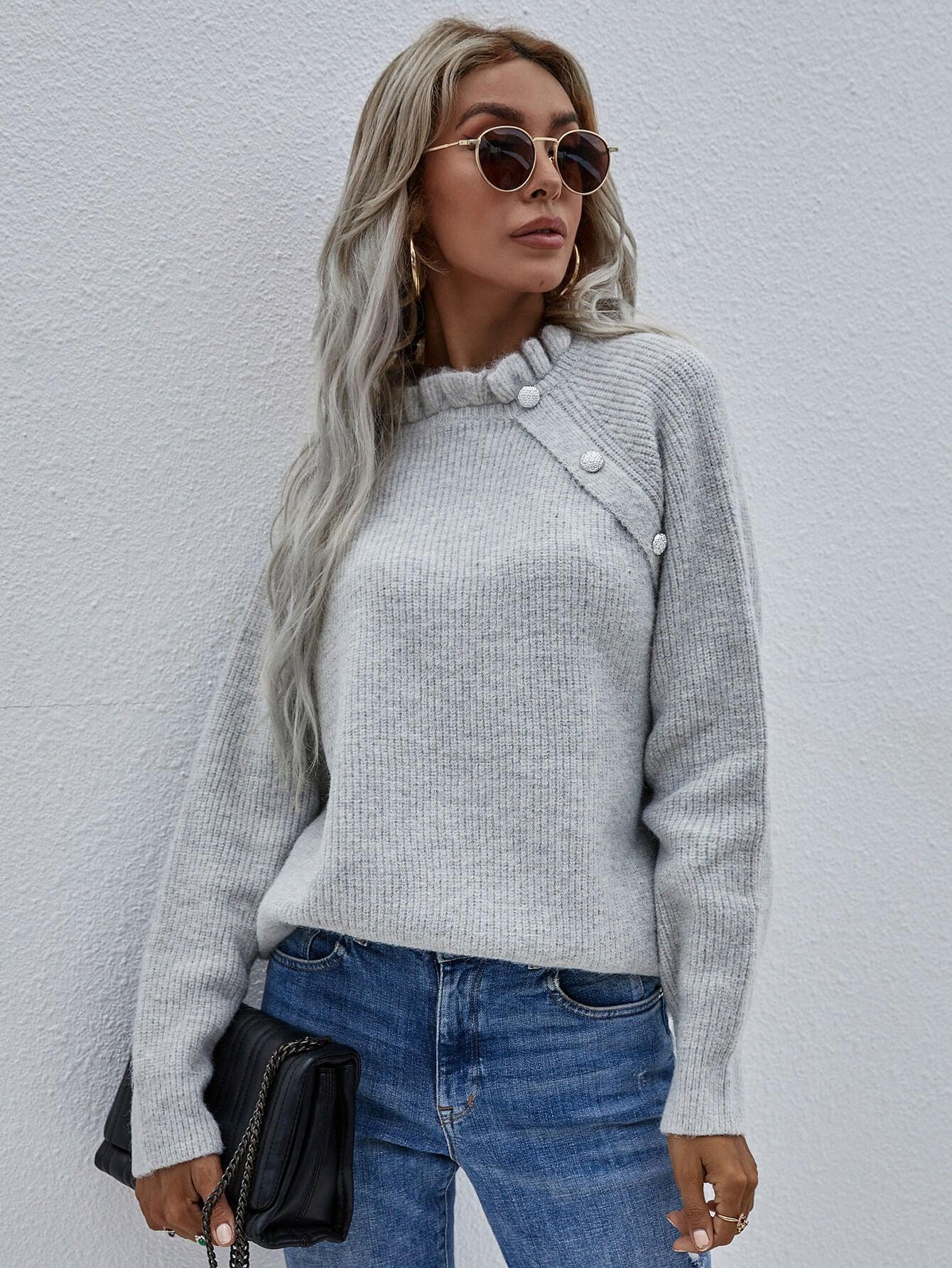 Classy Button Detail Frill Neck Rib Knit Sweater - MXSTUDIO.COM