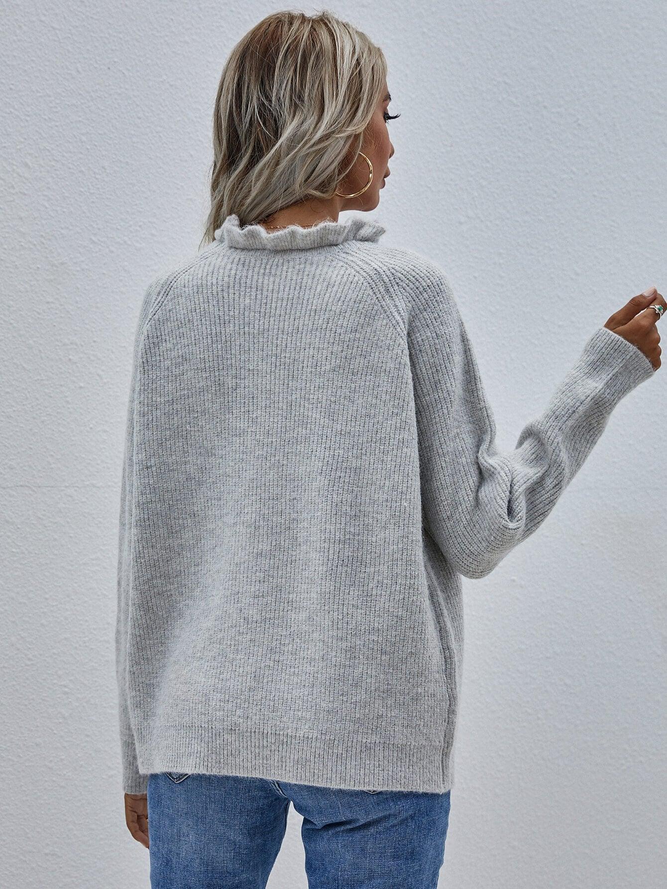 Classy Button Detail Frill Neck Rib Knit Sweater - MXSTUDIO.COM