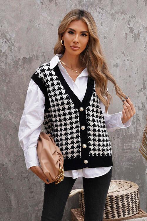 Classy Classic Buttoned Houndstooth Sweater Vest-MXSTUDIO.COM