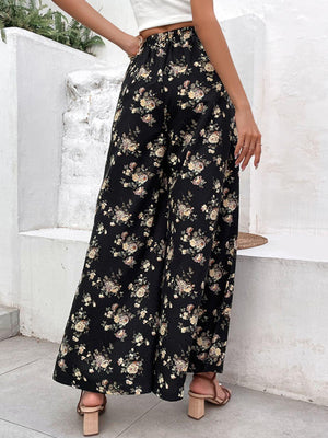 Classy Fresh Black Slit Floral Wide Leg Pants - MXSTUDIO.COM