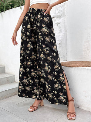 Classy Fresh Black Slit Floral Wide Leg Pants - MXSTUDIO.COM