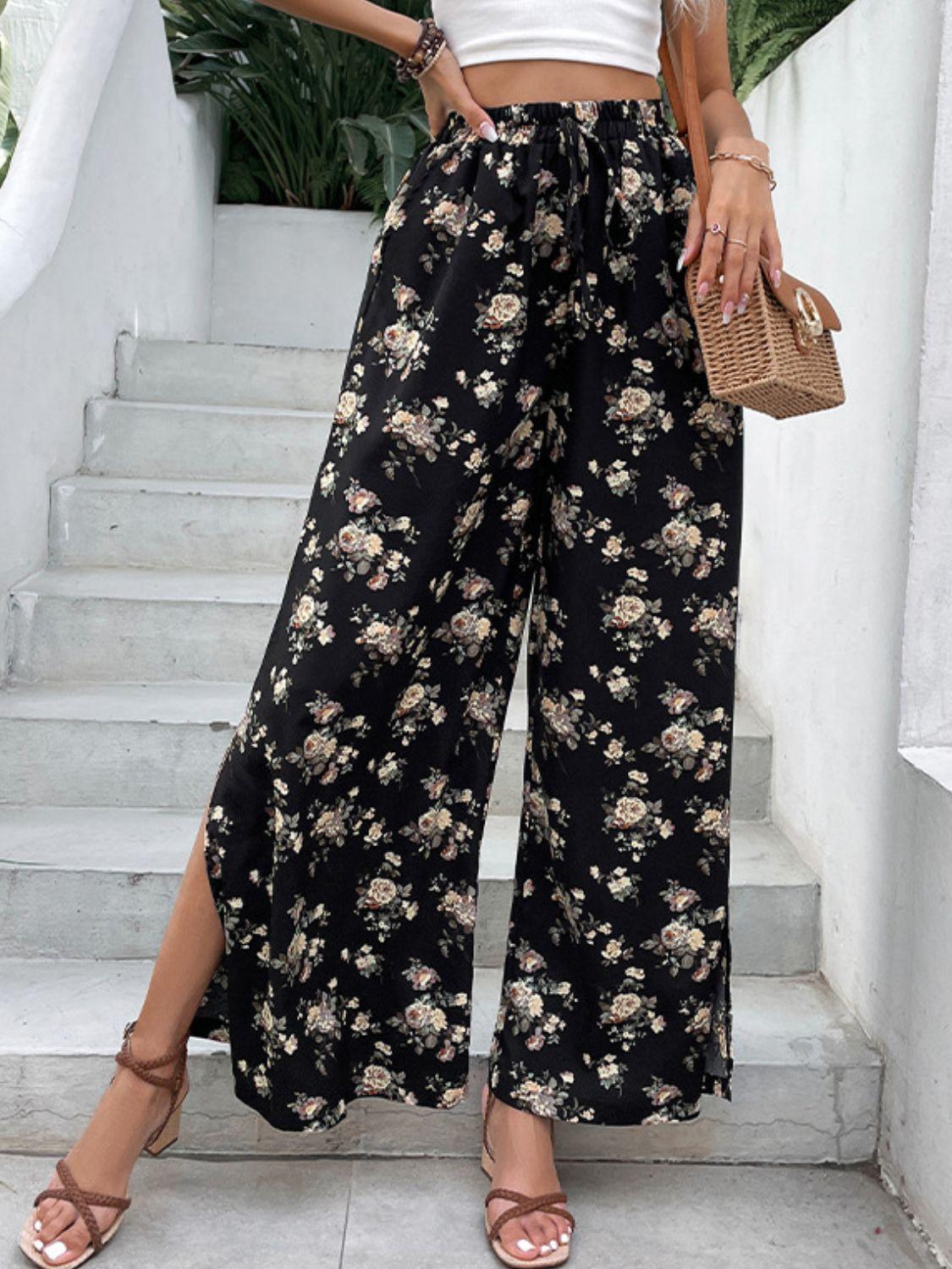 Classy Fresh Black Slit Floral Wide Leg Pants - MXSTUDIO.COM