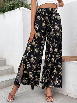 Classy Fresh Black Slit Floral Wide Leg Pants - MXSTUDIO.COM