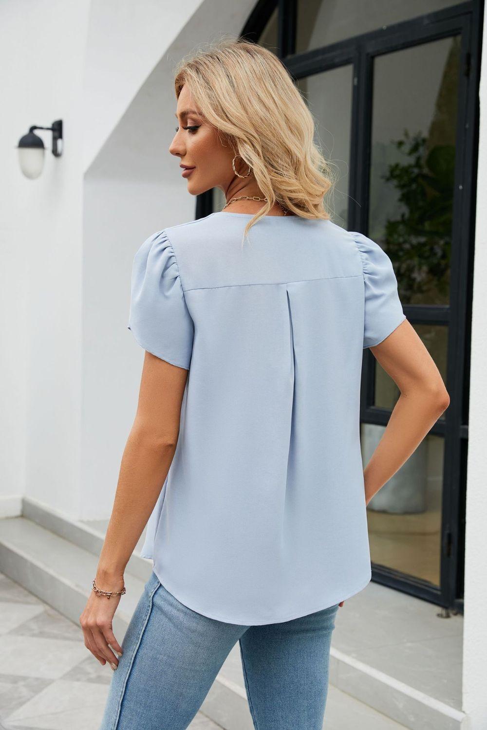 Classy V Neck Short Petal Sleeve Blouse - MXSTUDIO.COM