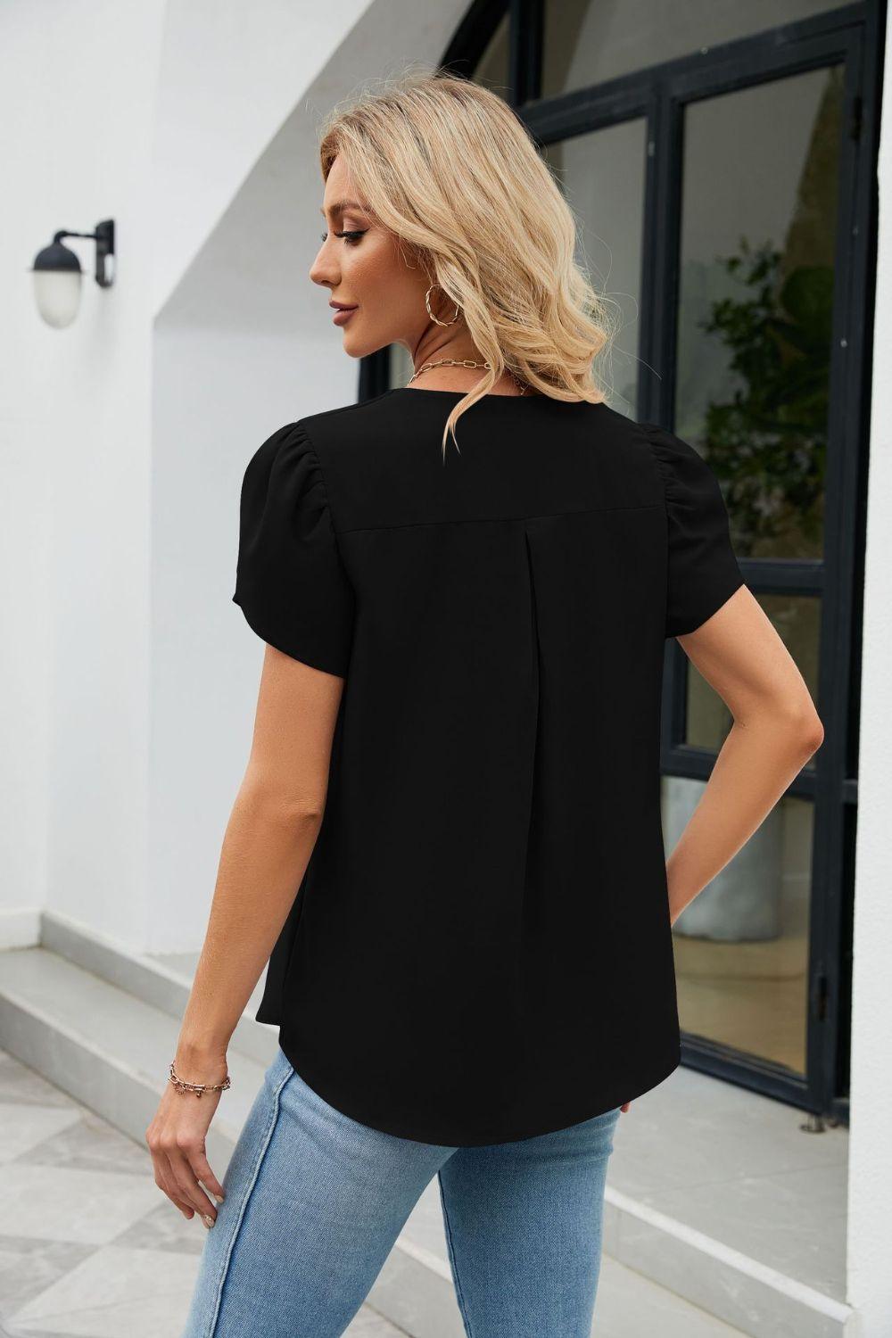 Classy V Neck Short Petal Sleeve Blouse - MXSTUDIO.COM