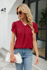 Classy V Neck Short Petal Sleeve Blouse - MXSTUDIO.COM