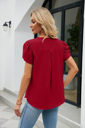 Classy V Neck Short Petal Sleeve Blouse - MXSTUDIO.COM