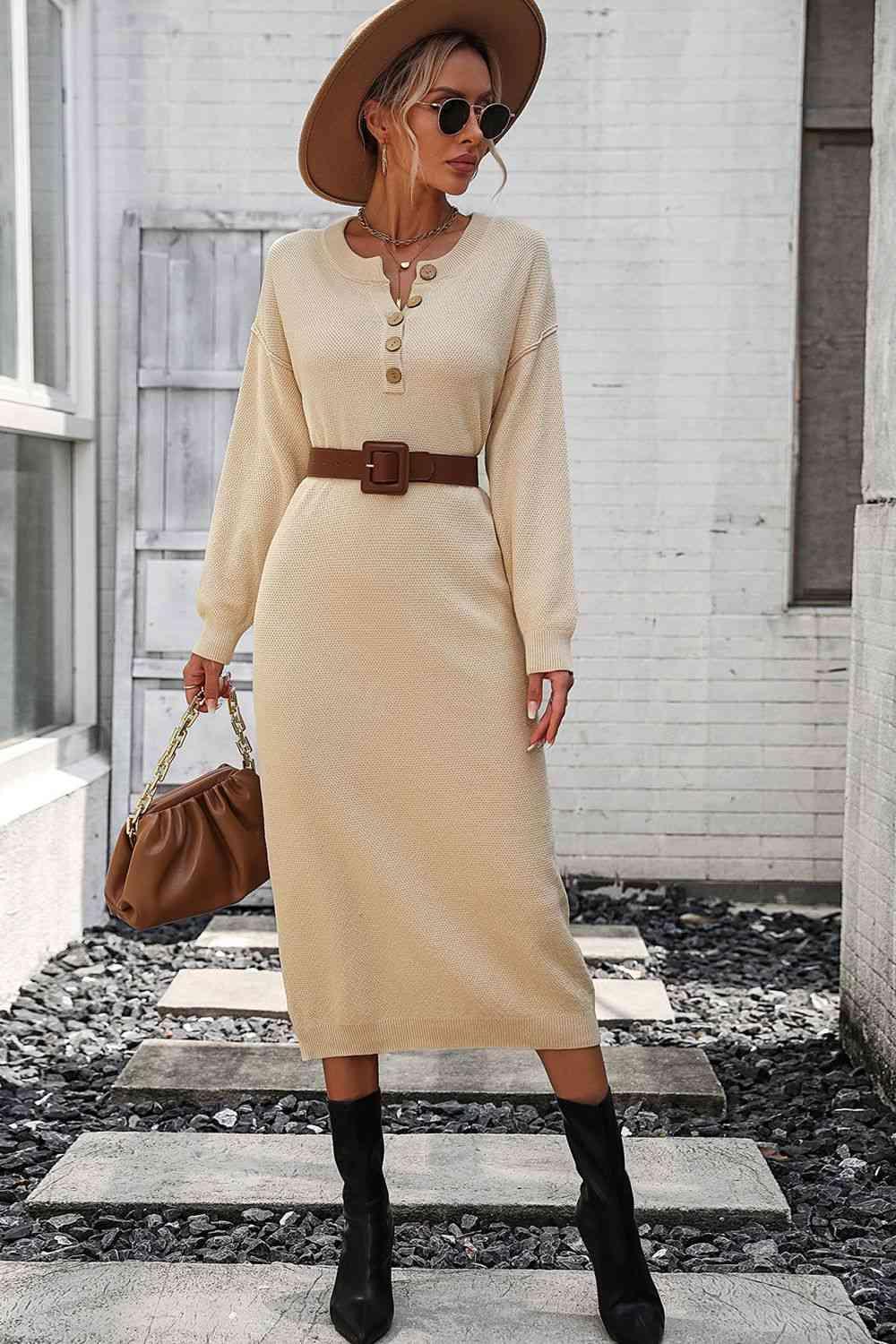 Classy Winter Long Sleeve Midi Sweater Dress - MXSTUDIO.COM