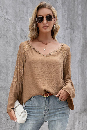 Clever Girl V Neck Long Bell Sleeve Blouse - MXSTUDIO.COM