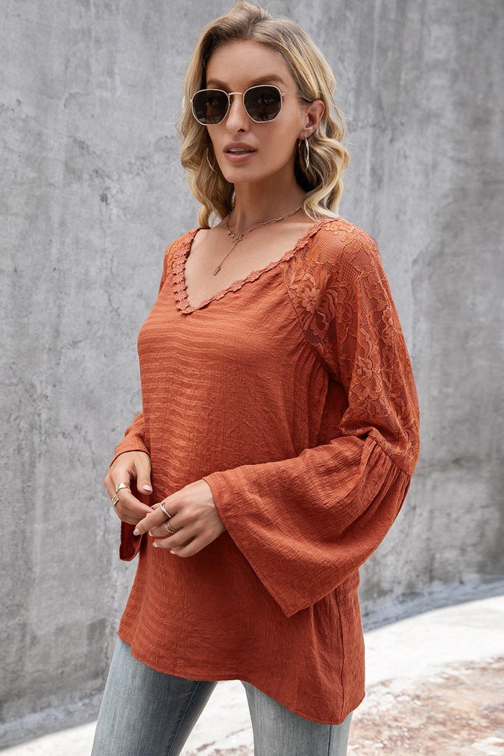 Clever Girl V Neck Long Bell Sleeve Blouse - MXSTUDIO.COM