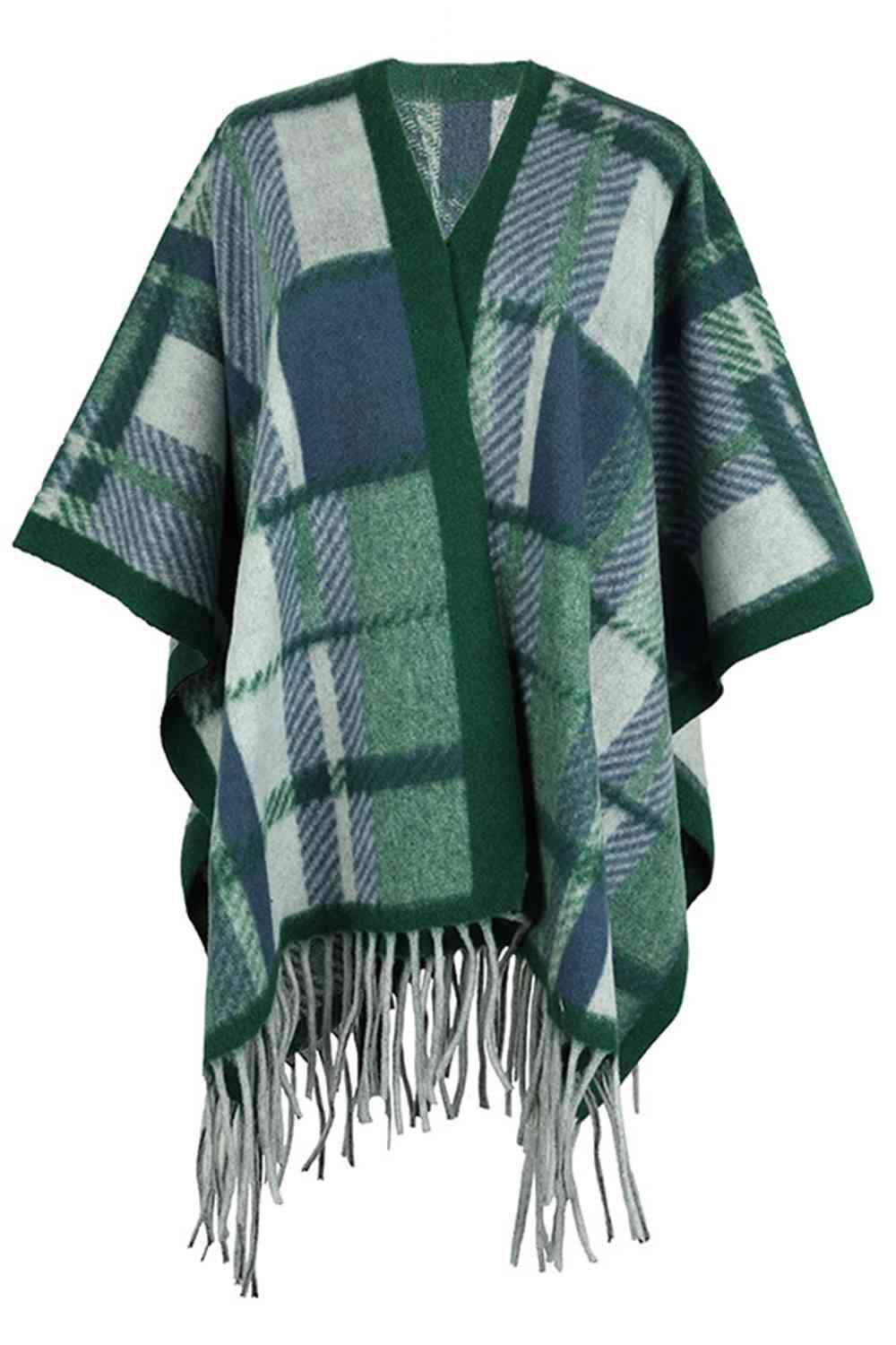 Cloak Sleeve Plaid Open Front Fringe Poncho - MXSTUDIO.COM