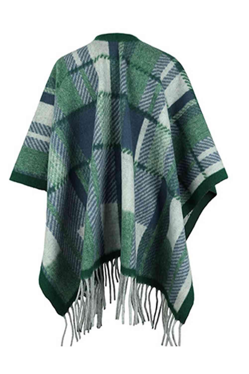 Cloak Sleeve Plaid Open Front Fringe Poncho - MXSTUDIO.COM