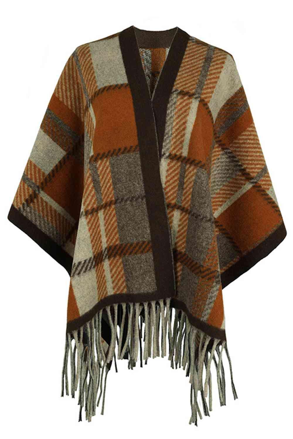 Cloak Sleeve Plaid Open Front Fringe Poncho - MXSTUDIO.COM