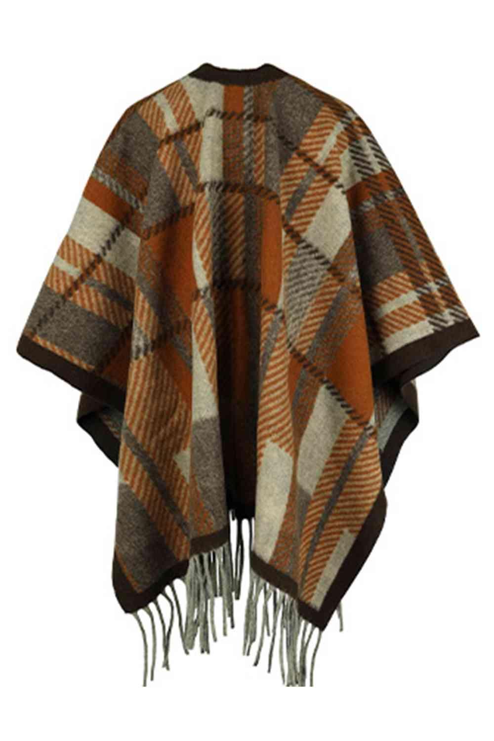 Cloak Sleeve Plaid Open Front Fringe Poncho - MXSTUDIO.COM