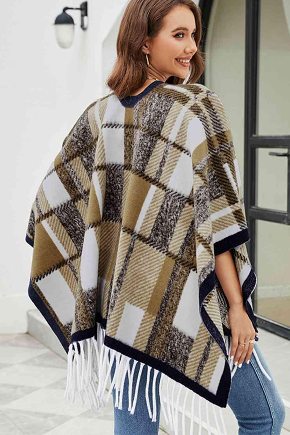 Cloak Sleeve Plaid Open Front Fringe Poncho - MXSTUDIO.COM