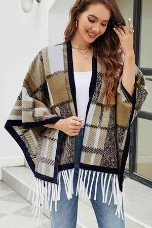 Cloak Sleeve Plaid Open Front Fringe Poncho - MXSTUDIO.COM