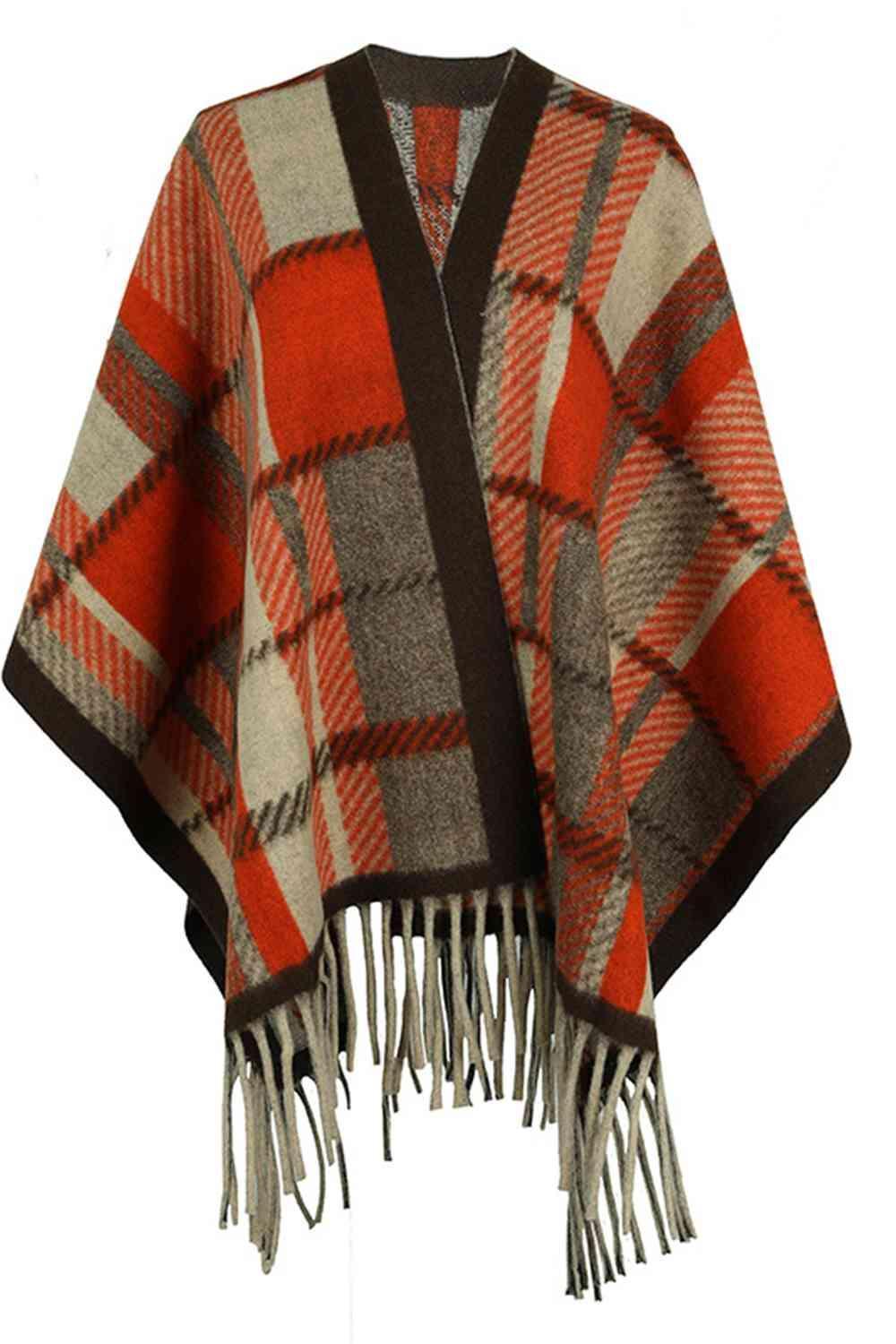 Cloak Sleeve Plaid Open Front Fringe Poncho - MXSTUDIO.COM