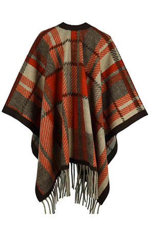 Cloak Sleeve Plaid Open Front Fringe Poncho - MXSTUDIO.COM