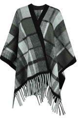 Cloak Sleeve Plaid Open Front Fringe Poncho - MXSTUDIO.COM