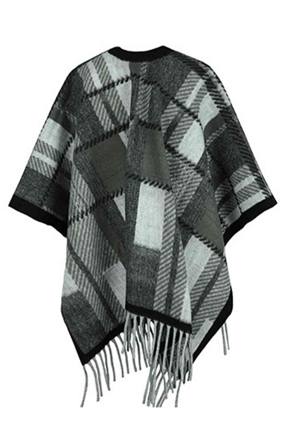 Cloak Sleeve Plaid Open Front Fringe Poncho - MXSTUDIO.COM